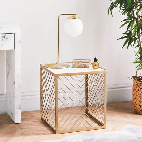 BTFY Marble Top Square Side Table - End Table with Gold Iron Frame, White Marble Surface & Statement Geometric Modern Art Deco Design - Compact & Multipurpose for Lounge, Bedroom, Living & Dining Room