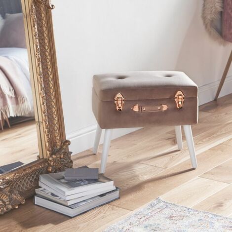 BTFY Pink Velvet Footstool – Storage Trunk Stool – Chest Seat with Rose Gold Details – Padded & Cushioned Pouffe Footrest with White Legs for Bedroom, Living Room, Dressing Room, Hallway
