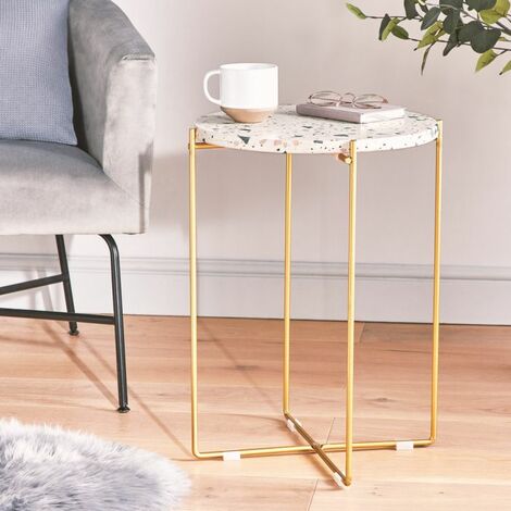 BTFY Round Terrazzo Side Table - Tall Modern White End Table with Stylish, Contemporary Design & Slim Gold Legs - Compact & Portable for All Spaces - Lounge, Bedroom, Living & Dining Room