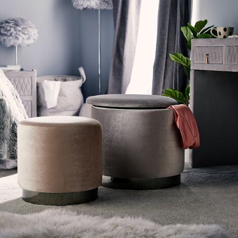 BTFY Set of 2 Footstools - Grey Velvet Storage Stools - Large Round Champagne & Silver Luxe Ottoman Seat Pouffes For Bedroom, Dressing Table, Living Room & Home Office