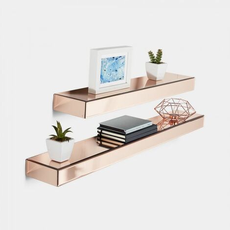 BTFY Set of 2 Rose Gold Mirrored Furniture Shelves – Floating Display Ledges – Large & Small – Storage – Glass – Bedroom, Living, Hallway