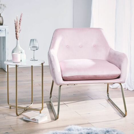 BTFY Velvet Armchair – Pink Accent Chair – Dressing Table Chair With Gold Metal Legs & Button Detailing – Padded & Upholstered Chair For Living Room, Dining Room, Bedroom