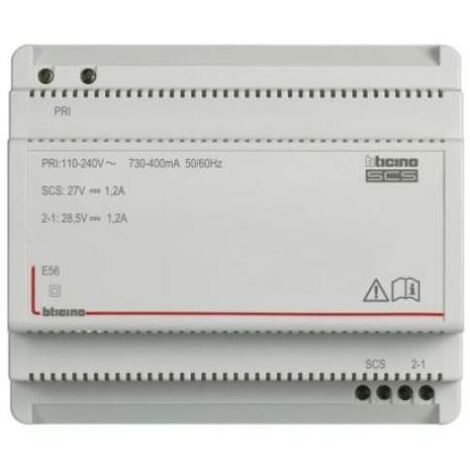 Bticino – Alimentation pour bus-scs 27Vdc 1,2A – Entrée 110-240V a.c. 50-60Hz – Sorties de sécurité – Installation sur rail DIN 6 modules – E56 - 27vdc-1