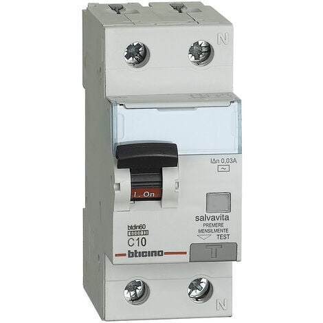 Bticino interrupteur différentiel thermomagnétique 1P+N 10A 30mA AC type 6kA 2 modules GN8813AC10