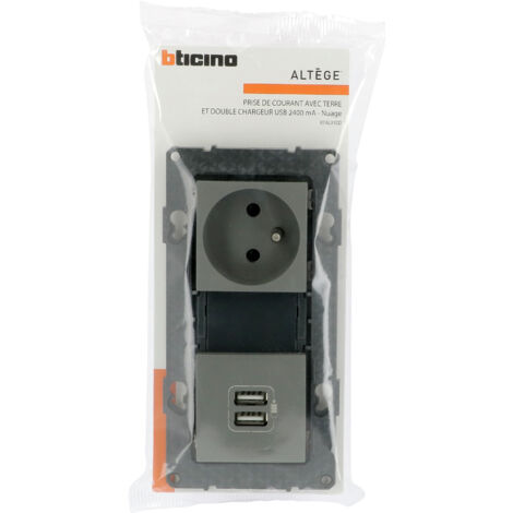 Bticino - Prise de courant 16A + prise 2 USB 2,4A précâblées Altège - Finition Nuage