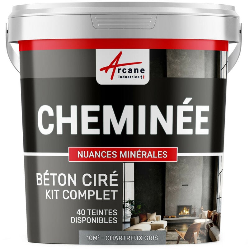Arcane Industries - Béton Ciré Cheminée, Kit avec primaire et vernis - 10 m² (en 2 couches) Chartreux - Gris