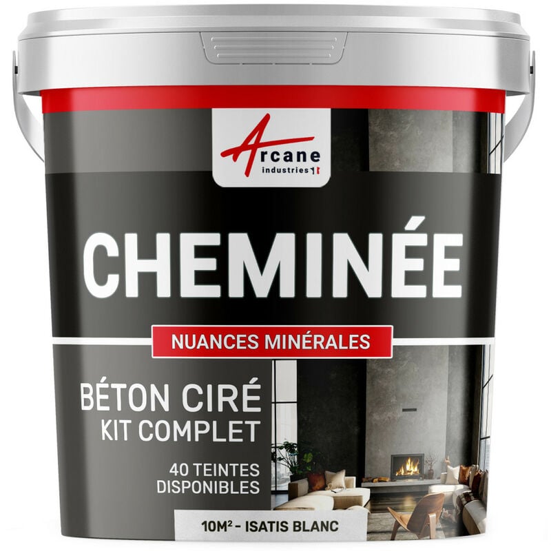 Arcane Industries - Béton Ciré Cheminée, Kit avec primaire et vernis - 10 m² (en 2 couches) Isatis Blanc