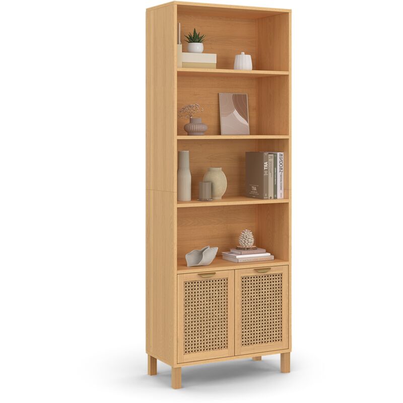 Idmarket Beige Bücherregal 4 Ebenen Mit Schrank Edhen Rohrgeflecht Und Holz