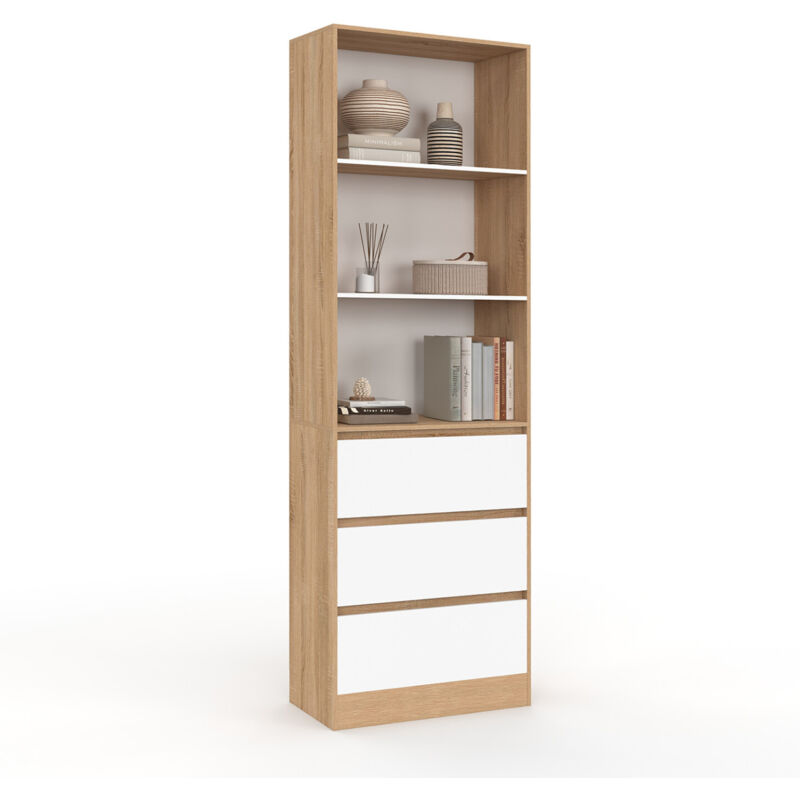 Idmarket Weiß Bücherregal Carla 3 Ebenen 3 Schubladen Und Holzeffekt H.190 Cm