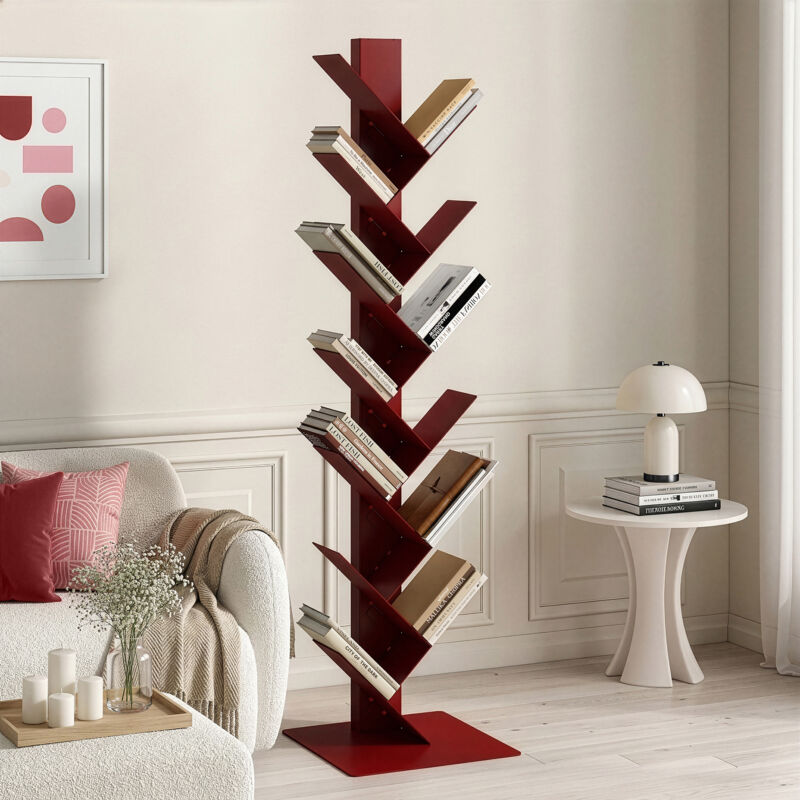 Bücherregal Eksjö Baumform Stahl 150x39x39 Cm Rot [en.casa]