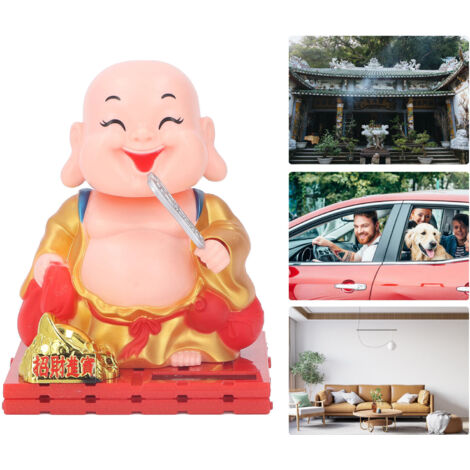 [Buddha-Ornament] Hochwertiger Buddha mit Solarpanel und automatischem Bewegungsmechanismus, weiche Glücksbringerfigur für Zuhause und Auto, Gold