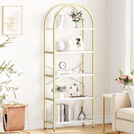 Bücherregal 5 Ebenen, Standregal, Aufbewahrungsregal, bogenförmig, Metallstruktur, für Wohnzimmer Schlafzimmer Arbeitszimmer Bad, goldfarben-60x28x180CM