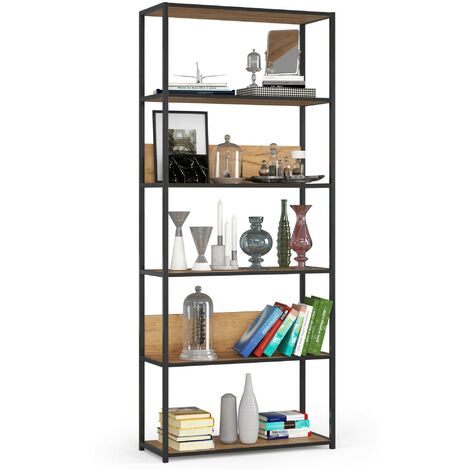 Bücherregal AKORD Metallregal mit Ebenen aus Holzwerkstoff Schwarz Breite 80 cm 6 Ebenen Eiche Craft B80 x H192 x T32 cm