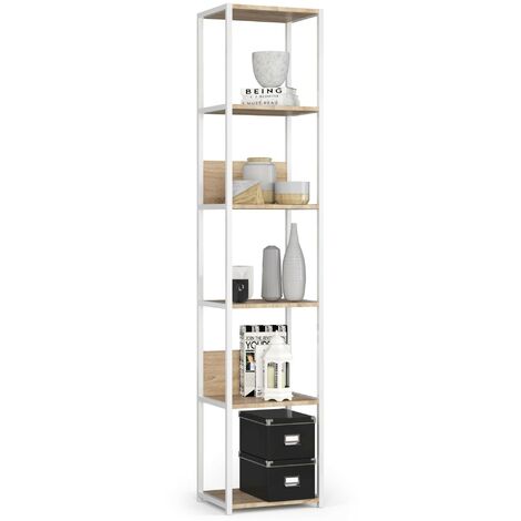 Bücherregal AKORD Metallregal mit Ebenen aus Holzwerkstoff Weiß Breite 40 cm 6 Ebenen Sonoma-Eiche B40 x H192 x T32 cm