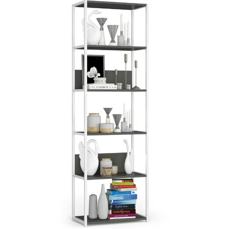 Bücherregal AKORD Metallregal mit Ebenen aus Holzwerkstoff Weiß Breite 60 cm 6 Ebenen Grau B60 x H192 x T32 cm