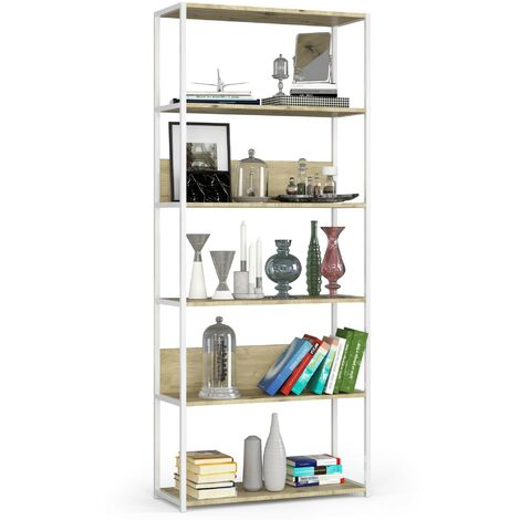 Bücherregal AKORD Metallregal mit Ebenen aus Holzwerkstoff Weiß Breite 80 cm 6 Ebenen Eiche Artisan B80 x H192 x T32 cm