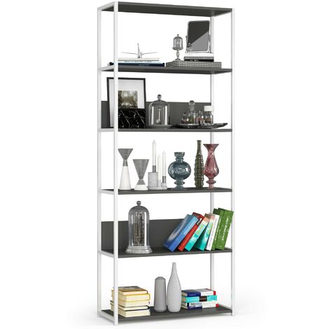 Bücherregal AKORD Metallregal mit Ebenen aus Holzwerkstoff Weiß Breite 80 cm 6 Ebenen Grau B80 x H192 x T32 cm