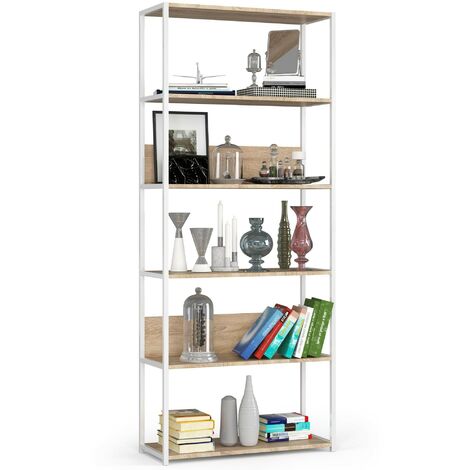 Bücherregal AKORD Metallregal mit Ebenen aus Holzwerkstoff Weiß Breite 80 cm 6 Ebenen Sonoma-Eiche B80 x H192 x T32 cm