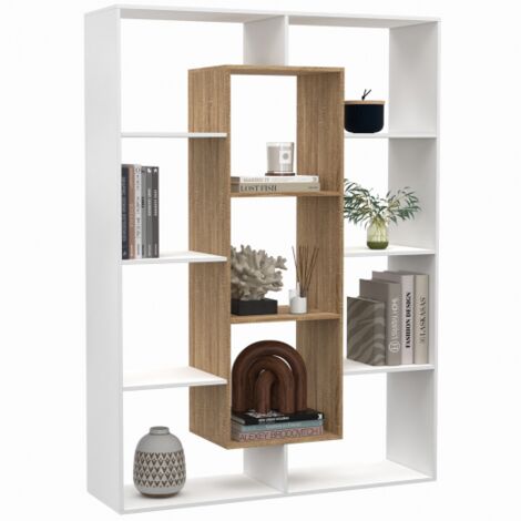 Bücherregal COLETTE mit 11 Fächern in Weiß und Holzeffekt H.143 cm