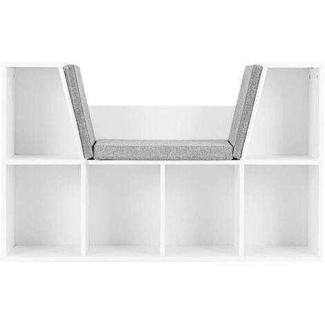Bücherregal mit Sitzkissen, Aufbewahrungsregal mit 6 Fächern, Leinenoptik, Kleiner Bücherschrank für Wohnzimmer, Schlafzimmer, 105 x 30 x 63 cm, Weiß