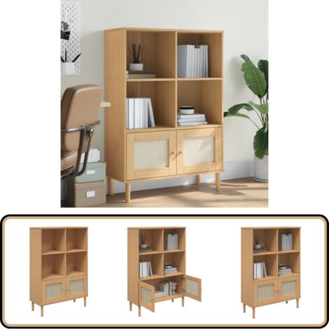 Bücherschrank SENJA Rattan-Look Braun 90x35x130 cm Kiefernholz - Holzregal - Bücherregal - Kiefernholz - Wohnraumgestaltung - Regal Mit Türen