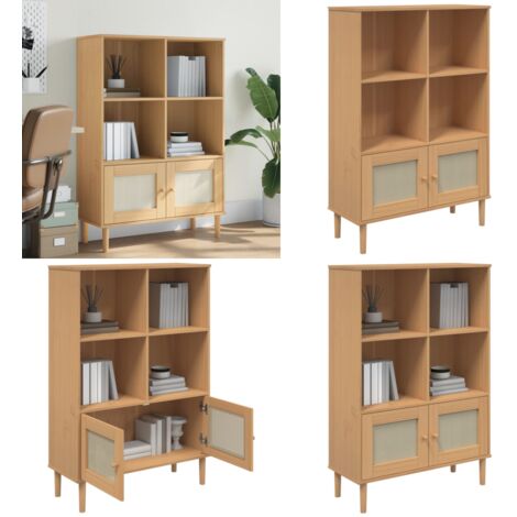Bücherschrank SENJA Rattan-Look Braun 90x35x130 cm Kiefernholz - Holzregal - Bücherregal - Kiefernholz - Wohnraumgestaltung - Regal Mit Türen - Home & Living