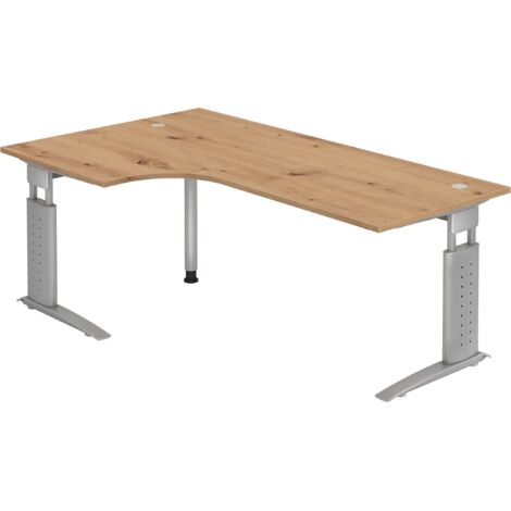 bümö® Eckschreibtisch "U-Serie" höhenverstellbar, Tischplatte 200 x 120 cm in Asteiche, Gestell in silbergrau
