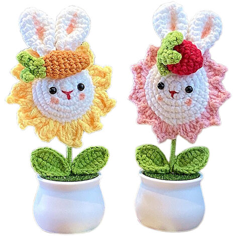 Büro-/Autodekoration  Mini-Drahttöpfe, handgefertigt, mit Hase, Sonnenblume und Smiley  Set mit 2 Motiven (Sonnenblumenhase + Erdbeerhase)