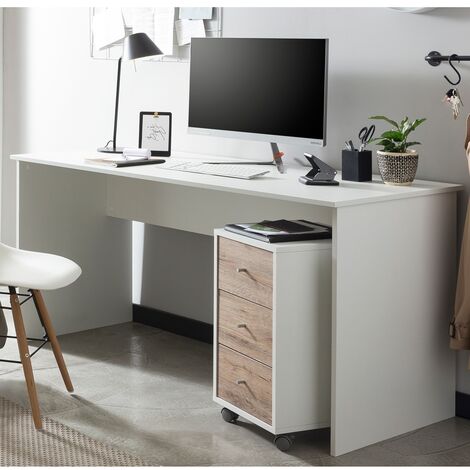 Büro Schreibtisch inkl. Rollcontainer BRAGA-80 in weiß mit Wildeiche Nb., B/H/T: ca. 150/73,6/65 cm