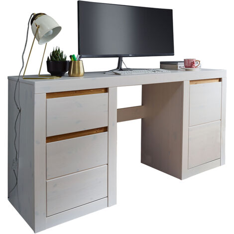 Büro Schreibtisch Massivholz WILSON-69 in Kiefer massiv weiß, B/H/T: ca. 155/75/49,5 cm