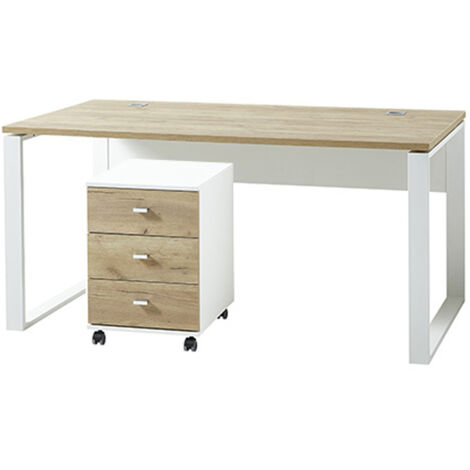 Büro Schreibtisch mit Metallkufen und Rollcontainer  GENT-01 Navarra Eiche Nb. und weiß BxHxT ca. 158x75x79cm