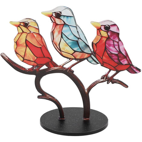 Bürodekoration – 3 farbenfrohe Acryl-Vögel auf einem Ast, flache und lebendige Tierfigur