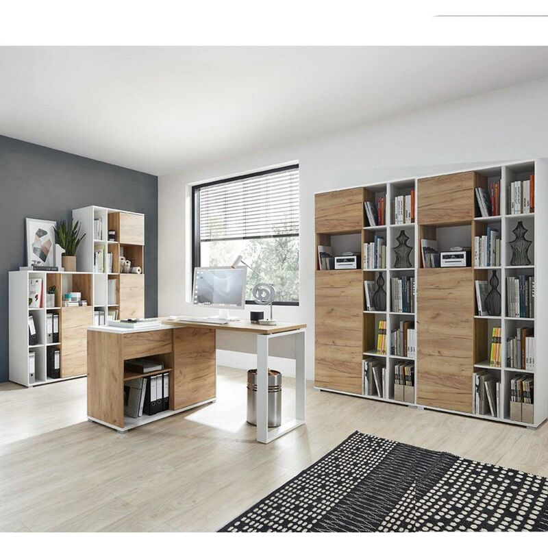 Büromöbel Kombination in weiß mit Navarra Eiche Nb. GENT-01 Schreibtisch mit Sideboard & Aktenschränke BxHxT: 340x197x40cm
