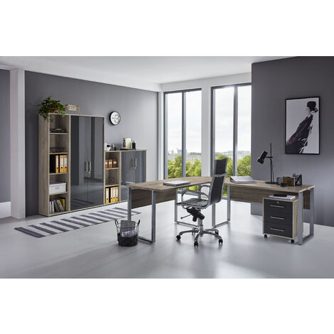 Büromöbel komplett Set Arbeitszimmer Office Edition in Eiche Sonoma/Anthrazit Hochglanz lackiert (Set 4) - Eiche Sonoma/ Anthrazit Hochglanz lackiert