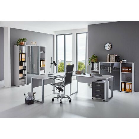 Büromöbel komplett Set Arbeitszimmer Office Edition in Lichtgrau/Anthrazit Hochglanz (Set 5) - Lichtgrau & Anthrazit Hochglanz lackiert