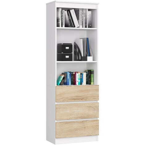Büroregal AKORD R60 Büro-Bücherregal Weiß 60 cm 3 Schubladen 3 Ebenen Front Sonoma-Eiche B60 x H180 x T35 cm