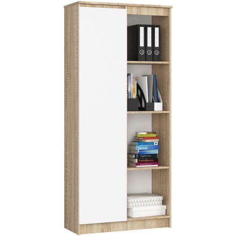 Büroregal AKORD R80 mit verschließbaren Tür Sonoma-Eiche 80 cm Tür 8 Ebenen Front Weiß B80 x H180 x T35 cm
