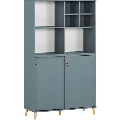 Büroschrank abschließbar auf Massivholz Füßen SISAK-80 in blau, B/H/T: ca. 100,1/175,2/41 cm