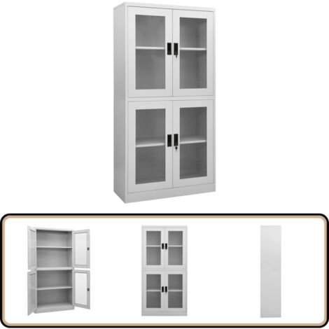 Büroschrank Hellgrau 90x40x180 cm Stahl und Gehärtetes Glas - Büroschrank - Aktenschrank - Stauraum - Schreibtischschrank - Metallregal