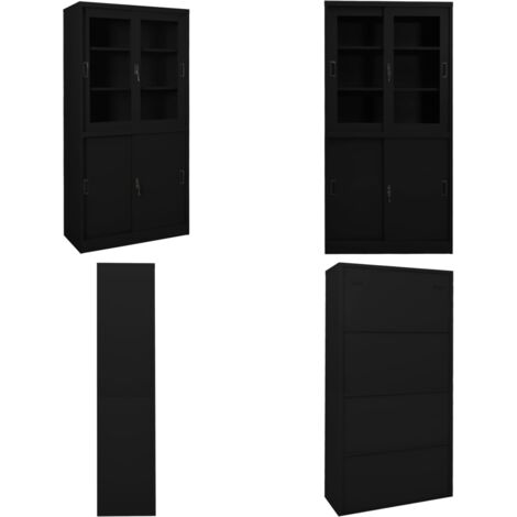 Büroschrank mit Schiebetür Schwarz 90x40x180 cm Stahl - Schreibtischschrank - Büroorganisation - Aktenschrank - Stauraum - Sicherheitsschloss - Home & Living