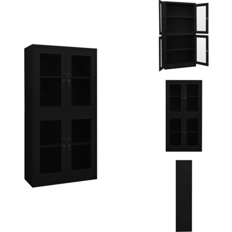 Büroschrank Schwarz 90x40x180 cm Stahl und Hartglas - Aktenschrank - Büroorganisation - Stauraum - Metallschrank - Schreibtischschränkchen