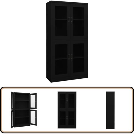 Büroschrank Schwarz 90x40x180 cm Stahl und Hartglas - Aktenschrank - Büroorganisation - Stauraum - Metallschrank - Schreibtischschränkchen