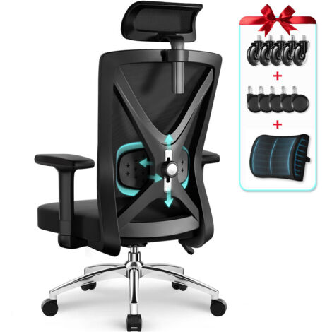 Bürostuhl, Bürostuhl ergonomisch, verstellbare Kopfstütze und Lendenstütze, verstellbare Armlehnen, Metallfuß, mit leisen Gummirädern und Lordosenkissen, schwarzer, 200kg