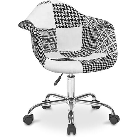 PRIVATEFLOOR Bürostuhl mit Armlehnen - Schreibtischstuhl mit Rollen - Gepolstert in schwarz-weißem Patchwork - Denisse - Weston Weiß / Schwarz