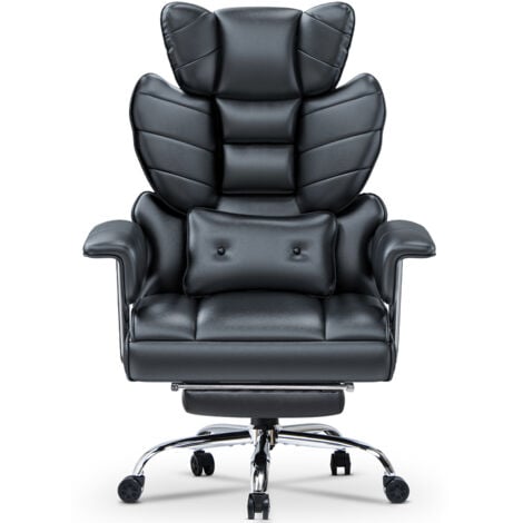 Bürostuhl mit Fußstütze, Großer Chefbürostuhl aus PU-Leder mit Hoher Rückenlehne, Ergonomischer Schreibtischstuhl mit Zusätzlichem Lordosenstützkissen, Schwarz, Bigzzia