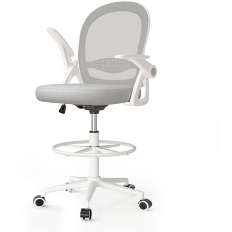 Bürostuhl mit Fußstützenring, Naspaluro Bürostuhl Ergonomisch mit Lendenwirbelstütze, Schreibtischstuhl mit klappbare Armlehnen, Höhenverstellbarer, Computerstuhl, 360° Drehstuhl, Grau