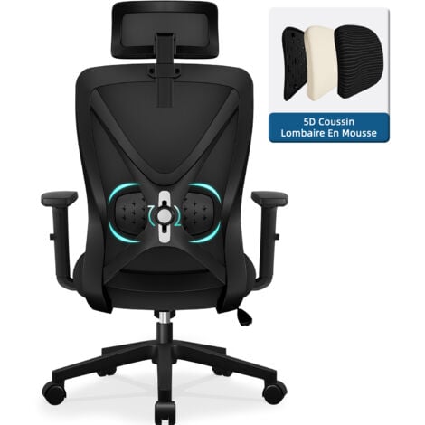 AUTHMIC Bürostuhl mit verstellbarem 5D-Lendenkissen, Bürostuhl mit leisen Gummirollen, Tragfähigkeit bis 155 kg