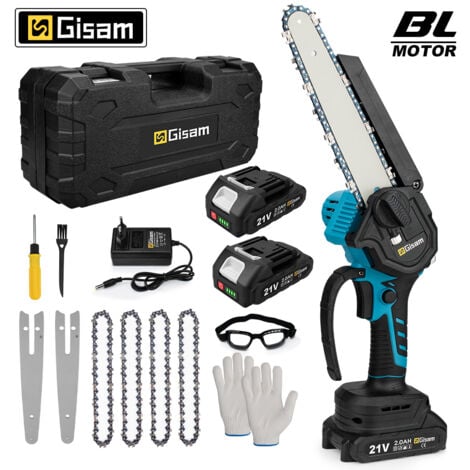 GISAM Bürstenlose Akku-Kettensäge, 8 Zoll, 2 Batterien, 21 V, 2,0 Stunden, selbstschmierendes Sams-Installationswerkzeug, für Terrasse, Haus und Garten