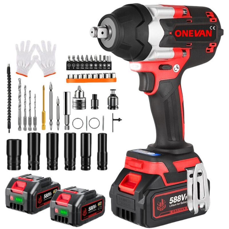 1800Nm Clé à Chocs Sans Fil Brushless,3 vitesses,1/2 ' Boulonneuse a Choc avec 2x588VF Batterie - rouge - Onevan
