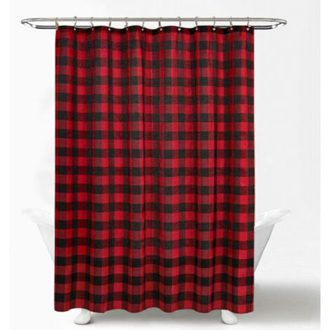 Buffalo Check Shower Curtain（180x180）: Cotton Blend Plaid Woven Texture & Machine Washable, Water-Repellent, Rustic Farmhouse Style for Bathroom - Black and Red